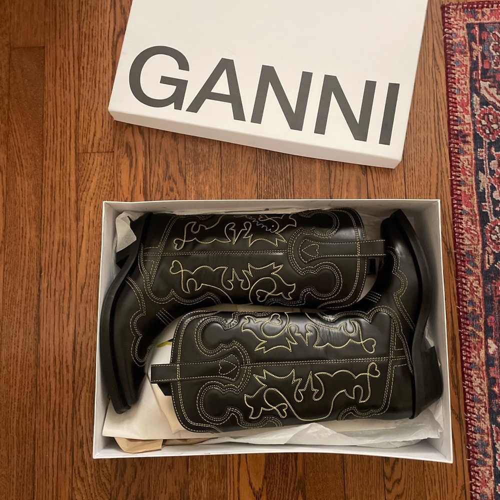 Ganni Mid Shaft Embriodered Western Cowboy Boots
